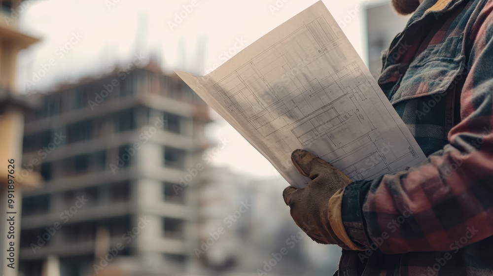 Naklejka premium Construction worker holding blueprints in front of a construction site