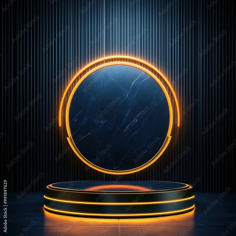 Glowing Golden Circle with Marble Background and Platform. Glowing Golden Circle with Marble Background and Platform.