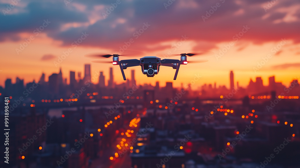 Drone captured in mid-air at sunset, highlighting its design and advanced flight capabilities with a cityscape background Drone captured in mid-air at sunset, highlighting its design and advanced flight capabilities with a cityscape background