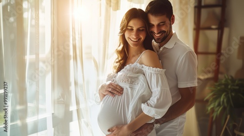 Happy Pregnant Couple Embracing, Full Body Portrait, Maternity Love Generative AI