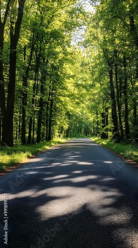 Vibrant green forest enveloping a sunny country road image