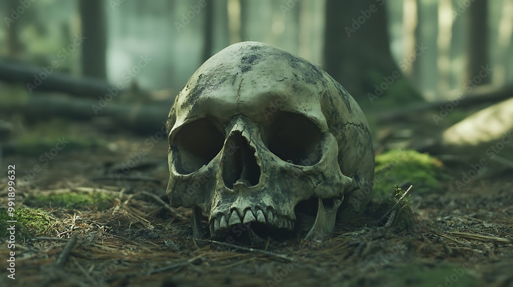 A human skull rests on the forest floor, surrounded by moss and pine needles. A human skull rests on the forest floor, surrounded by moss and pine needles.