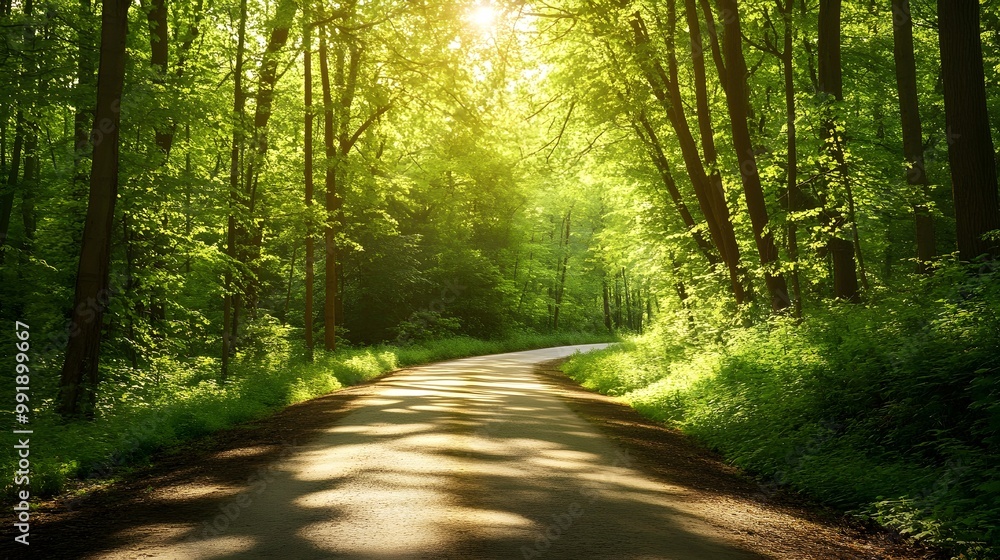 Fototapeta premium Bright sunny road winding through lush green forest picture