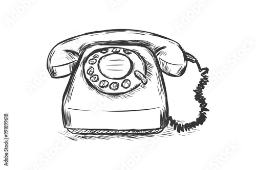 Vintage phone hand-drawn sketch on white background, Retro style illustration with classic details