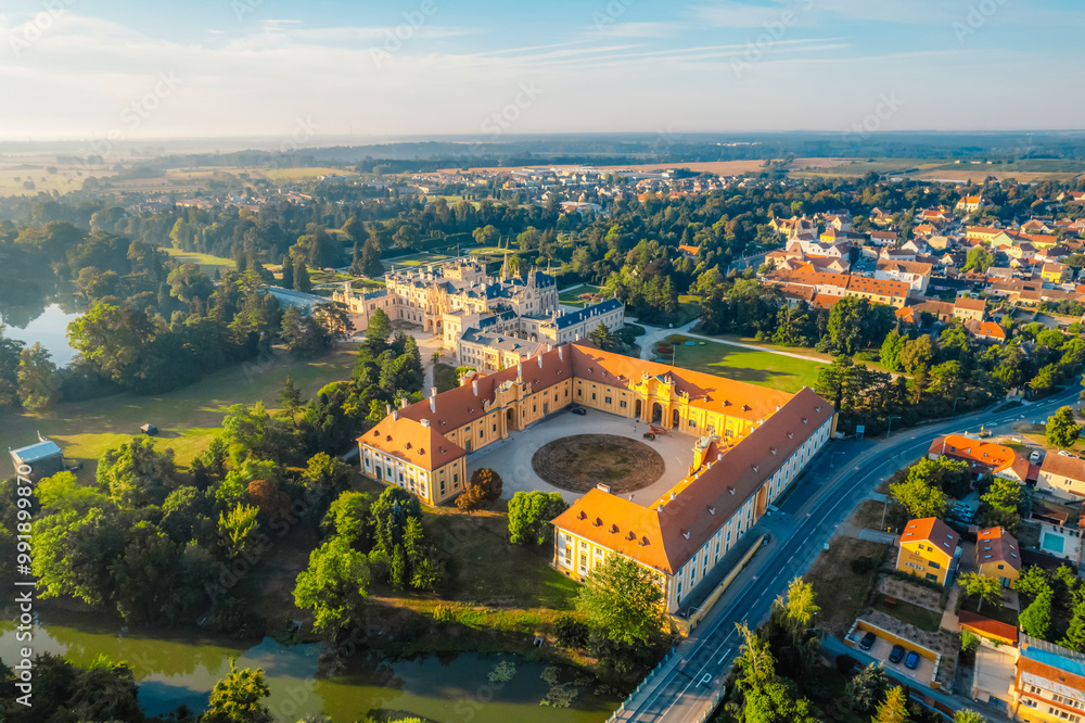 Obraz premium Lednice Chateau with beautiful gardens and parks. Lednice Valtice Landscape, South Moravian region. UNESCO World Heritage Site.