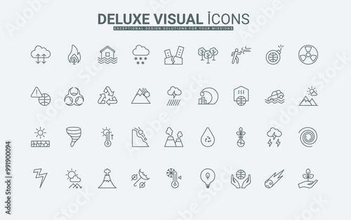 Warning signs for rescue from hurricane, tsunami, tornado, and storm thin black outline symbols vector illustration. Natural disaster, impacts of climate change and pollution line icons set.