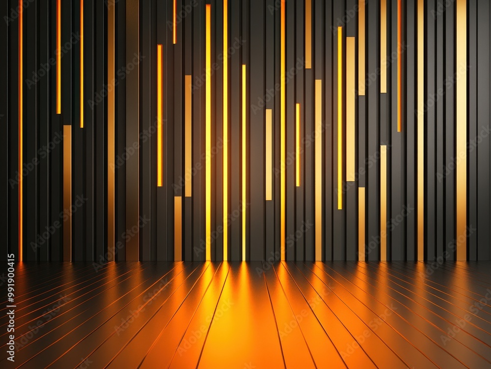 Abstract Black and Gold Striped Wall with Glowing Lights Abstract Black and Gold Striped Wall with Glowing Lights