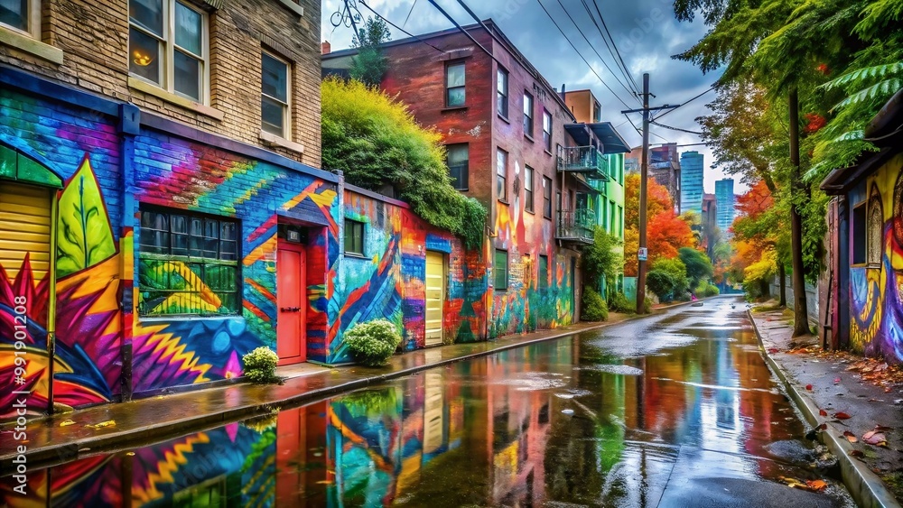 Fototapeta graffiti on houses in the rainy city