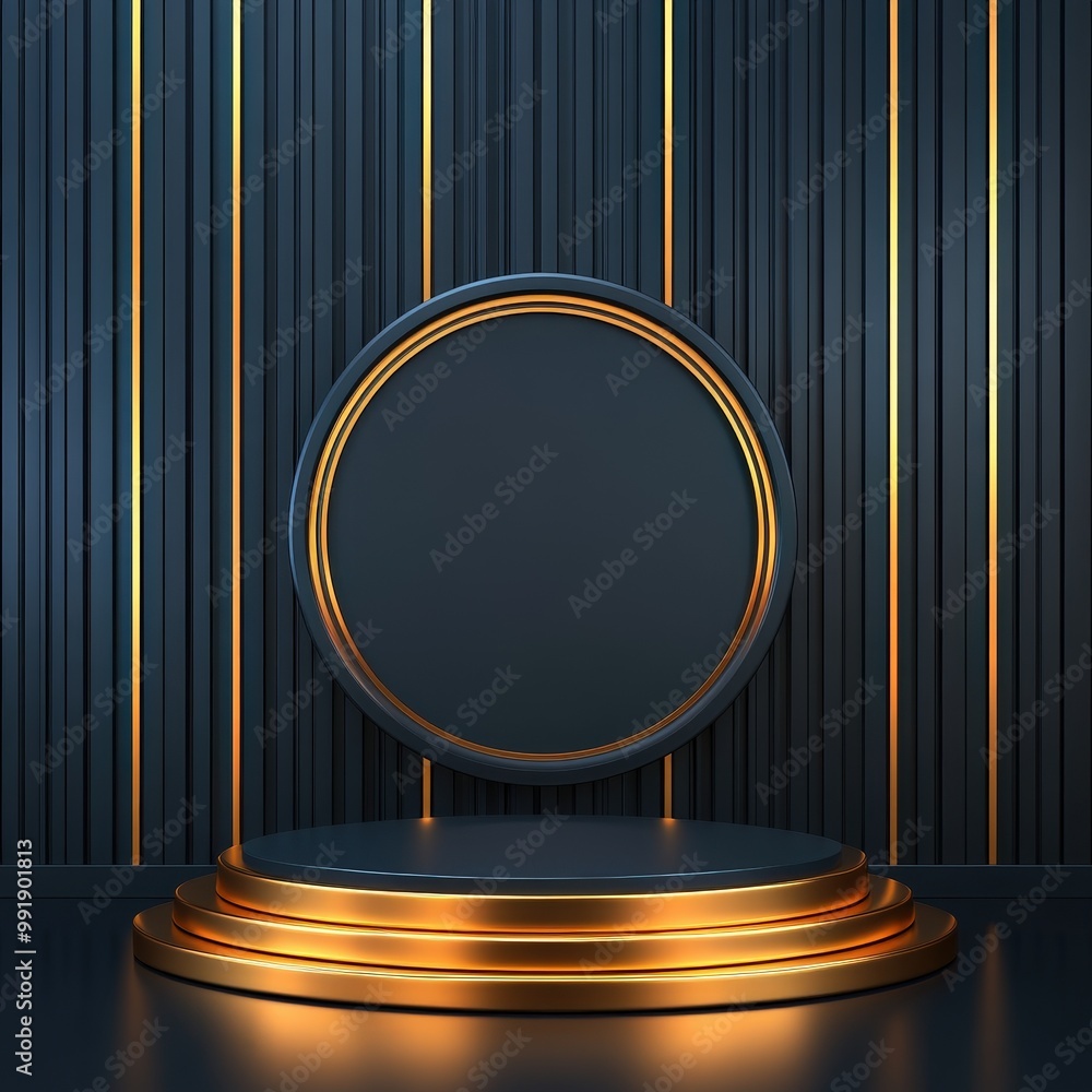 Black and Gold Circular Pedestal on Striped Background. Black and Gold Circular Pedestal on Striped Background.