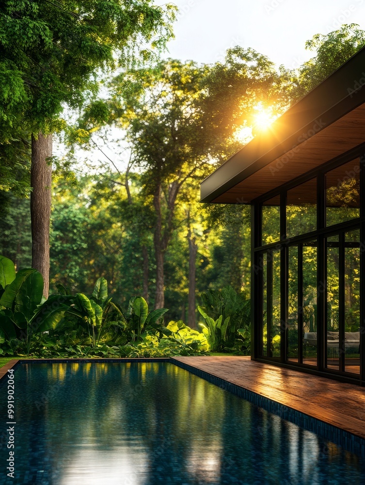 A modern luxury house with glass walls and a pool in a lush tropical setting. The house is surrounded by lush greenery, and the pool is sparkling blue. The sun is shining through the trees, creating a A modern luxury house with glass walls and a pool in a lush tropical setting. The house is surrounded by lush greenery, and the pool is sparkling blue. The sun is shining through the trees, creating a