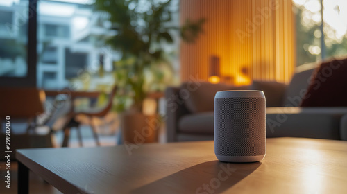 Smart home voice assistant device on a wooden table in a modern living room, showcasing seamless technology integration with a cozy ambiance