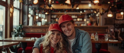 Happy Couple Enjoying a Meal at a Restaurant During Golden Hour Generative AI