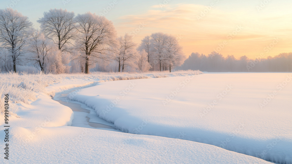 Snowy countryside with frosty trees, a winding stream and pastel sky, capturing the tranquility and beauty of winters dawn in a pristine natural setting. Image made using Generative AI Snowy countryside with frosty trees, a winding stream and pastel sky, capturing the tranquility and beauty of winters dawn in a pristine natural setting. Image made using Generative AI