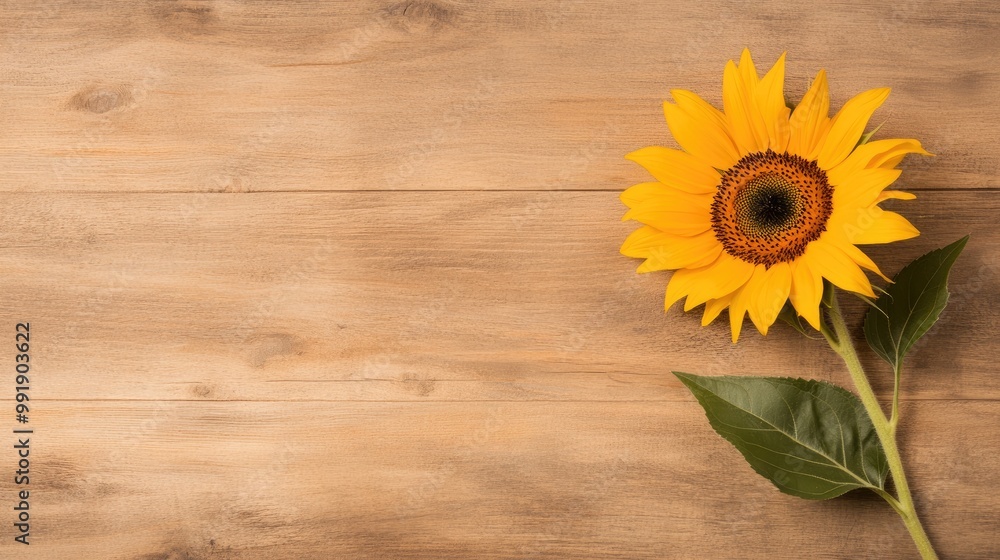 Obraz premium A bright sunflower stands out against a rustic wooden backdrop, showcasing its vibrant yellow petals and lush green leaves