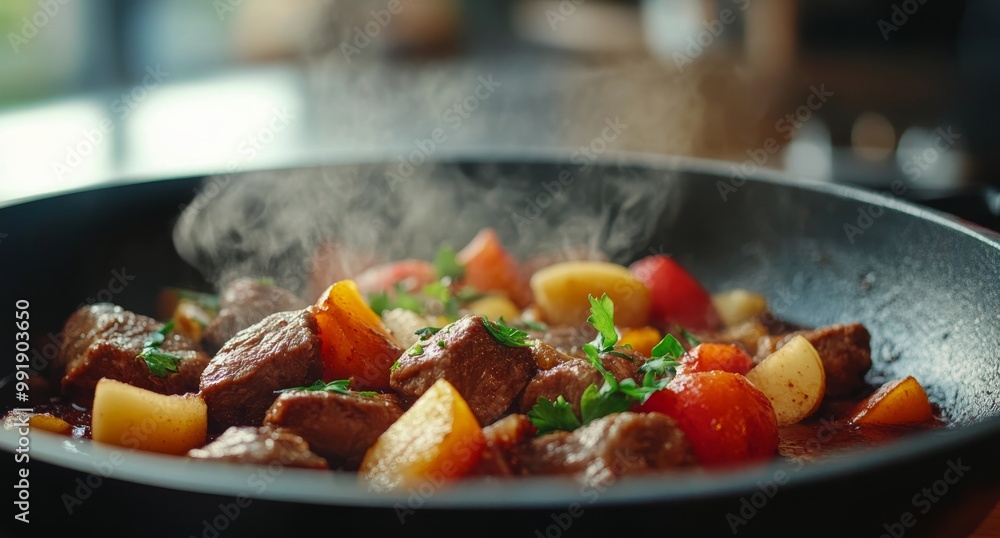 Sizzling beef chunks with potatoes and herbs cooking on a stovetop in a cozy kitchen Sizzling beef chunks with potatoes and herbs cooking on a stovetop in a cozy kitchen