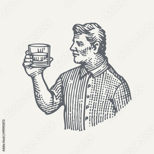 Man Holding Glass of Whisky. Vintage woodcut engraving style vector illustration.