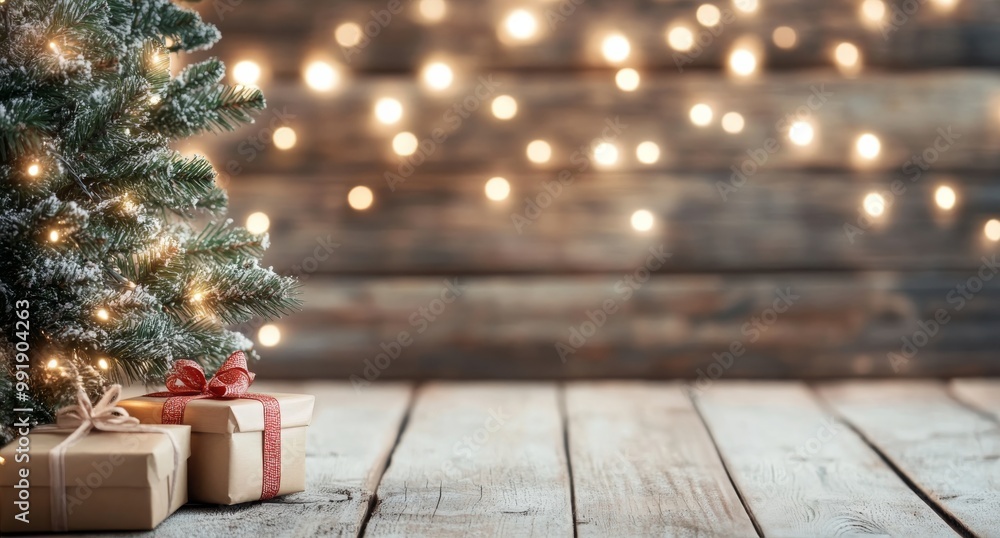 Festive Christmas tree adorned with ornaments and presents by twinkling lights in cozy room Festive Christmas tree adorned with ornaments and presents by twinkling lights in cozy room