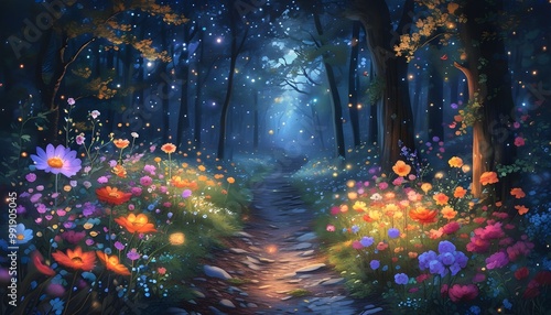 Magical Nighttime Forest Path Illuminated by Luminous Flowers Creating a Sense of Wonder and Tranquility