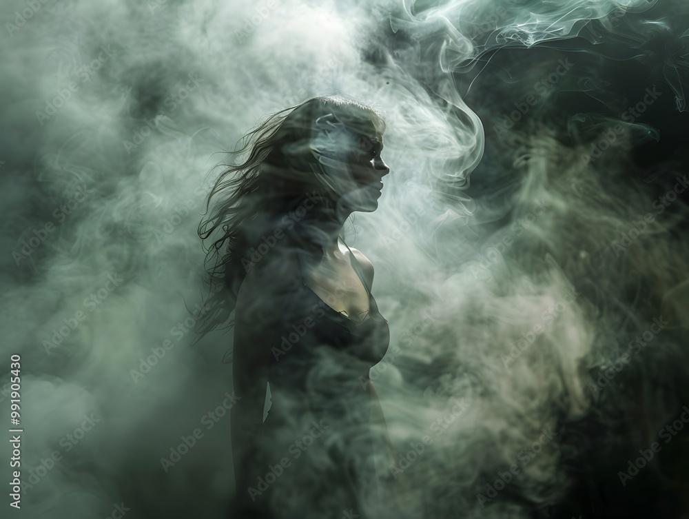 Young woman captured in dynamic action pose surrounded by fog Young woman captured in dynamic action pose surrounded by fog