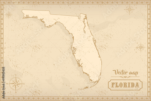 Map of Florida in the old style, brown graphics in retro fantasy style