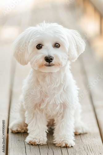 A fluffy small dog sitting on a wooden deck during a sunny day in a relaxed pose