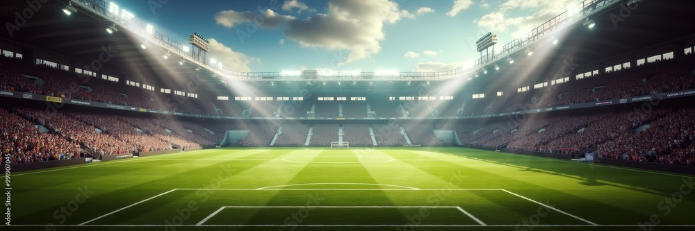 A stunning, vibrant view of a soccer stadium capturing the excitement of the game, perfect for sports marketing, event promotions, or sports-related content. A stunning, vibrant view of a soccer stadium capturing the excitement of the game, perfect for sports marketing, event promotions, or sports-related content.