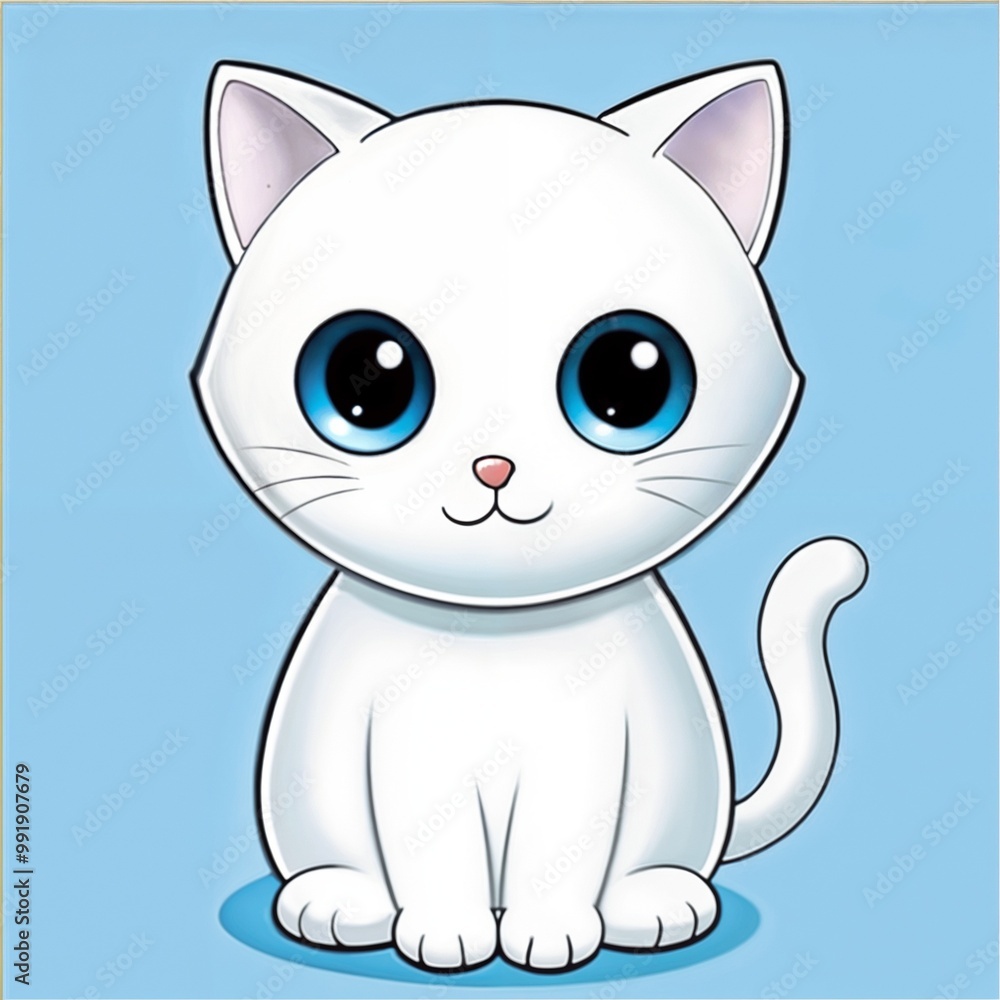Adorable white kitten with big blue eyes sitting cutely against a light blue background Adorable white kitten with big blue eyes sitting cutely against a light blue background