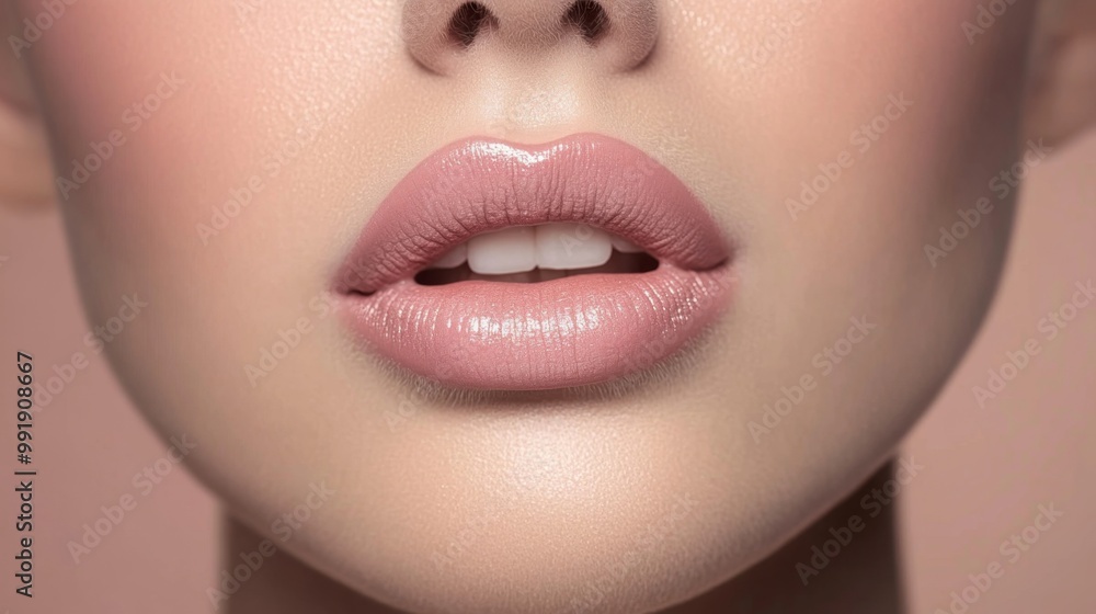 Close-up of a woman's face showcasing glossy pastel pink lipstick against a soft background Close-up of a woman's face showcasing glossy pastel pink lipstick against a soft background