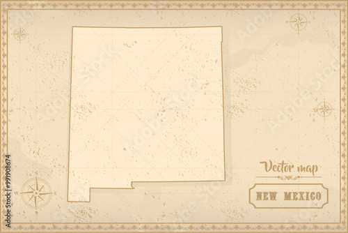 Map of New Mexico in the old style, brown graphics in retro fantasy style