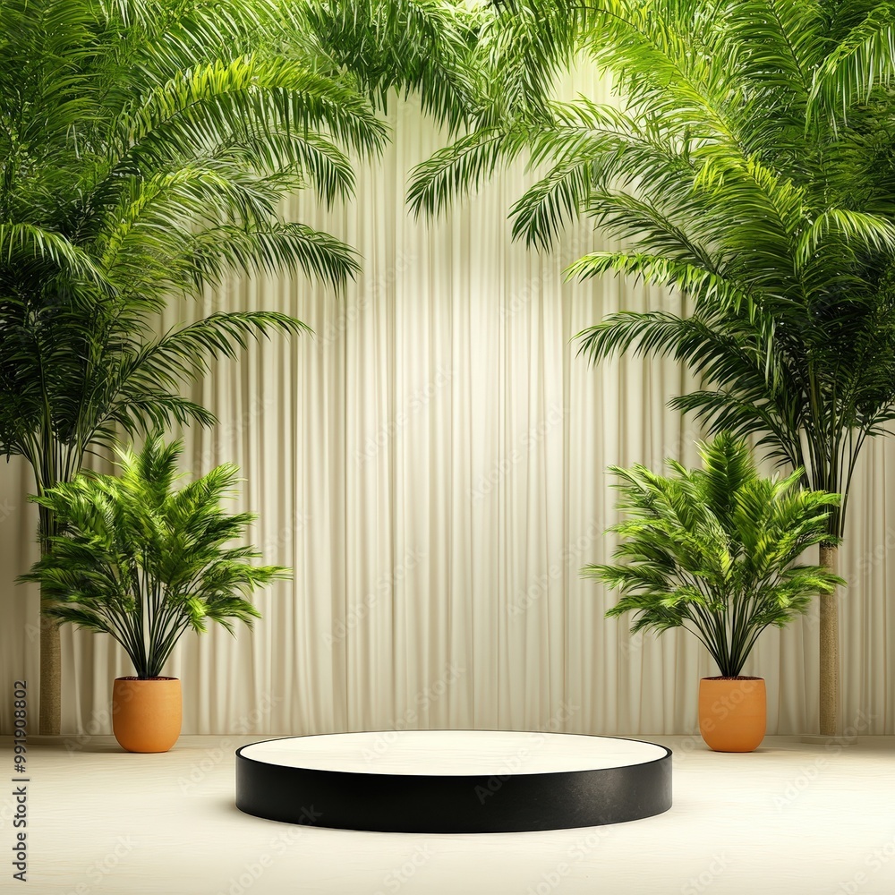 Fototapeta premium Minimalist Product Display with Palm Trees and Curtains.