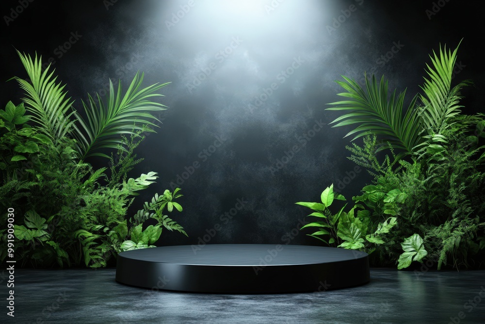 Black Podium with Tropical Plants and Spotlight. Black Podium with Tropical Plants and Spotlight.
