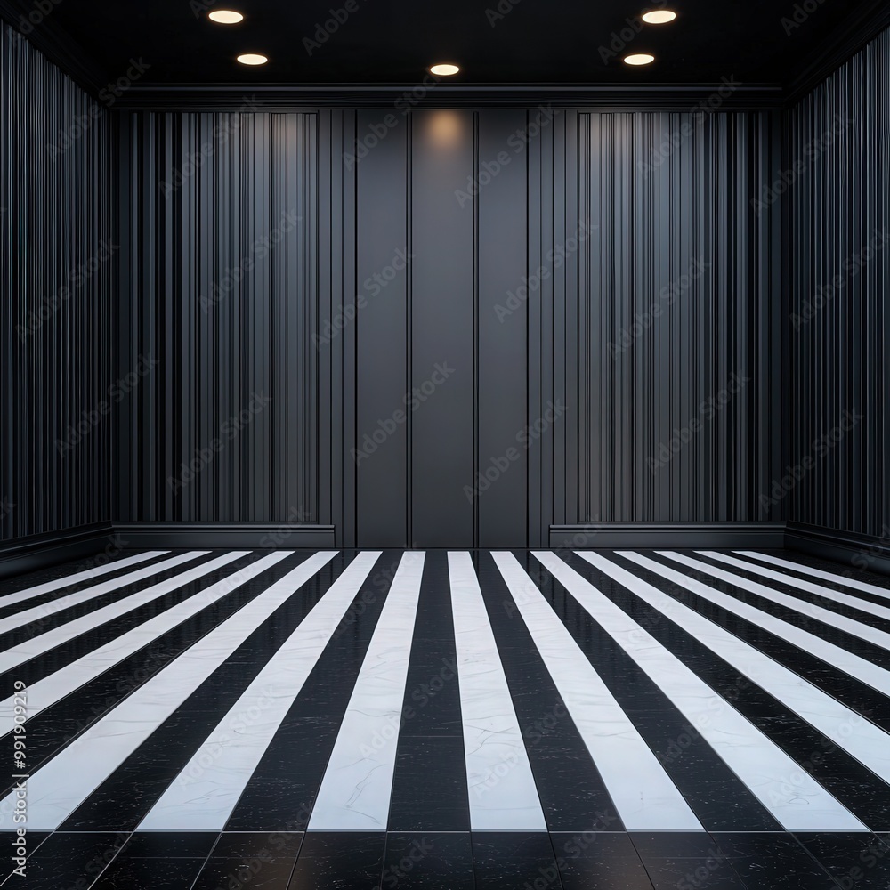 Black and White Striped Floor in Minimalist Room. Black and White Striped Floor in Minimalist Room.