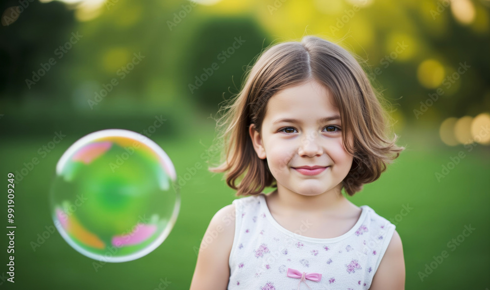 dark haired girl in the park on the lawn next to her soap bubble dark haired girl in the park on the lawn next to her soap bubble