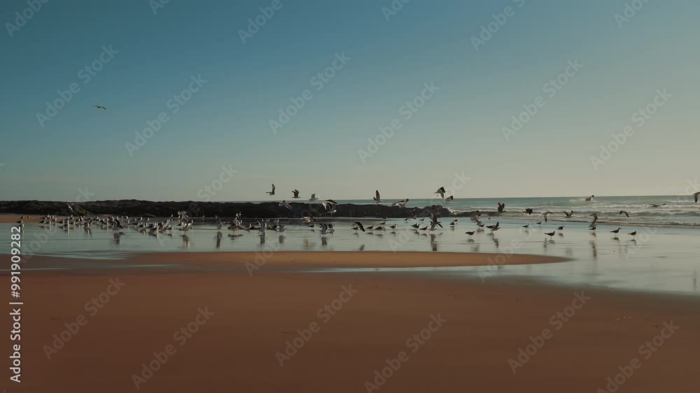 Birds at the sandy beach by the ocean. White seagulls standing on the shore with ocean waves and clear blue sky in the background. Animals at the coastline by the sea. Birds at the sandy beach by the ocean. White seagulls standing on the shore with ocean waves and clear blue sky in the background. Animals at the coastline by the sea.