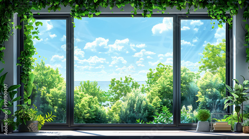 A vibrant view of lush greenery and a clear blue sky through a large window in a serene setting