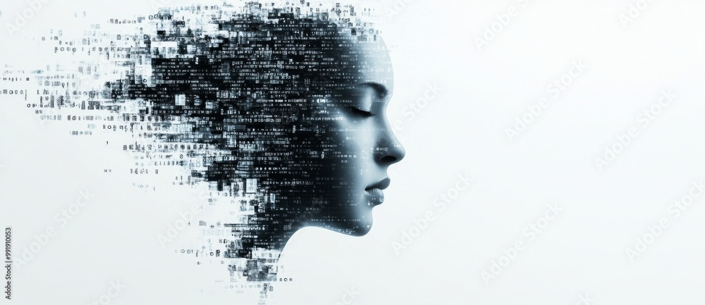 digital futuristic face of a beautiful woman made of letters, symbols and numbers, AI face on white background digital futuristic face of a beautiful woman made of letters, symbols and numbers, AI face on white background