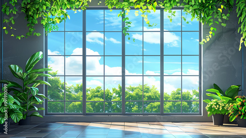 A bright and inviting indoor space filled with lush greenery and sunlight streaming through large windows