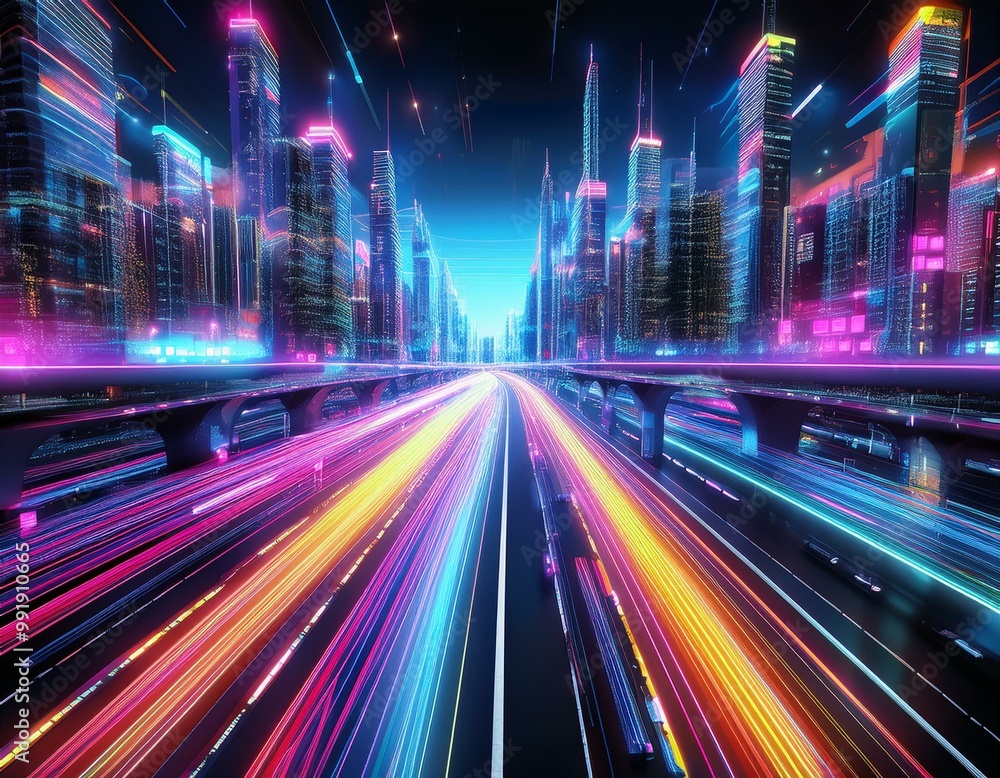 Fototapeta premium busy city highway with the bright colorful car lights streaming through out.