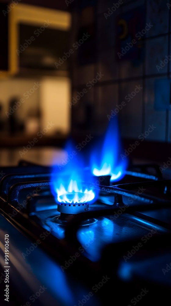 Close-up of a blue flame from a gas stove in a kitchen at night Close-up of a blue flame from a gas stove in a kitchen at night