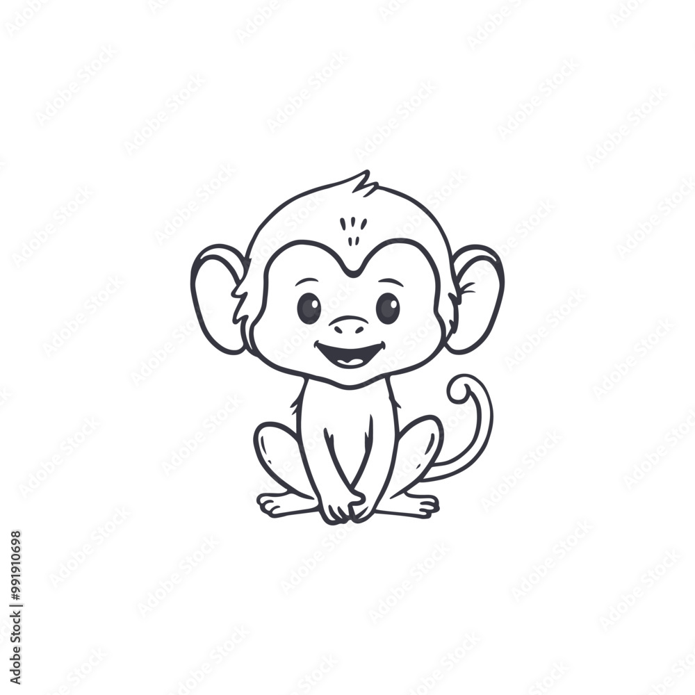 Cute cartoon monkey cub isolated on white. Adorable character Monkey sitting. Animal in doodle style. Vector illustration Cute cartoon monkey cub isolated on white. Adorable character Monkey sitting. Animal in doodle style. Vector illustration