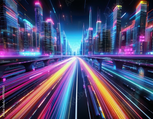 busy city highway with the bright colorful car lights streaming through out.