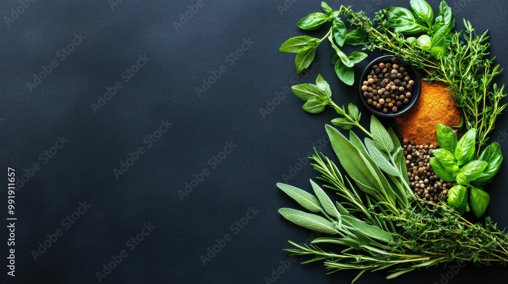 Obraz premium Fresh herbs and spices are artfully arranged on a dark stone surface, creating a vibrant backdrop ideal for culinary inspiration and recipe ideas