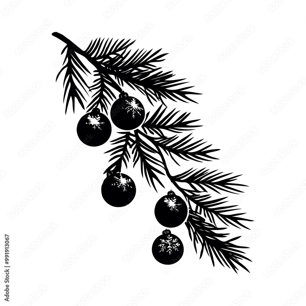 Silhouette Christmas branch with ornaments on white background. Vector illustration Silhouette Christmas branch with ornaments on white background. Vector illustration