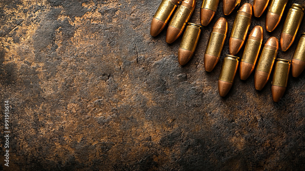 Bullets aligned on a dark, rugged background Bullets aligned on a dark, rugged background