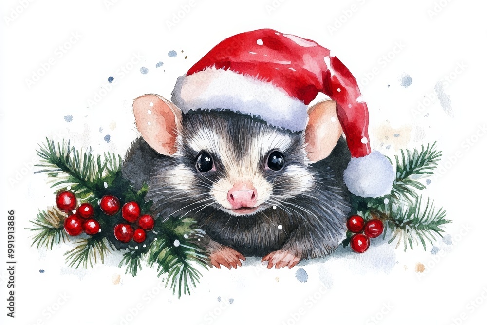 A watercolor illustration of a cute possum wearing a Santa hat, surrounded by winter greenery and red berries. The possum is looking at the viewer with a sweet expression. The image evokes feelings A watercolor illustration of a cute possum wearing a Santa hat, surrounded by winter greenery and red berries. The possum is looking at the viewer with a sweet expression. The image evokes feelings
