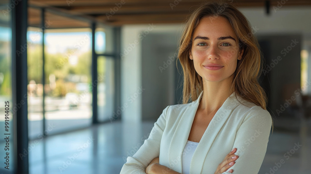 Confident European woman real estate agent stands proudly inside a modern home, radiating expertise and approachability, ready to assist potential house buyers Confident European woman real estate agent stands proudly inside a modern home, radiating expertise and approachability, ready to assist potential house buyers