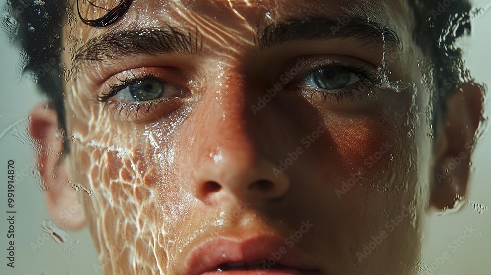 Close-Up Portrait of a Young Man's Face with Water Droplets Close-Up Portrait of a Young Man's Face with Water Droplets
