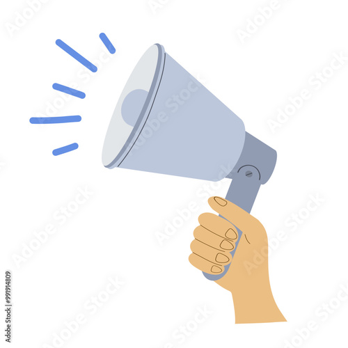 Hand holding a megaphone. Symbol of communication, announcement, promotion. Perfect for advertising, marketing, public speaking, social campaigns. Vector simple design