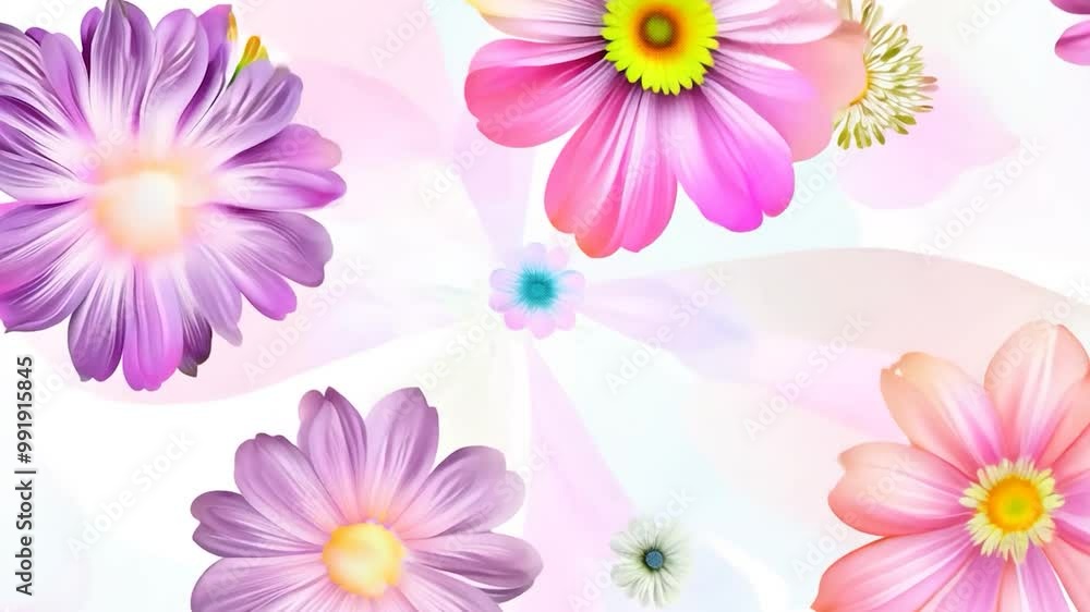 A delightful display of various flowers in shades of pink, purple, and white fills the canvas, blending harmoniously against a gentle pastel backdrop, evoking a cheerful mood A delightful display of various flowers in shades of pink, purple, and white fills the canvas, blending harmoniously against a gentle pastel backdrop, evoking a cheerful mood
