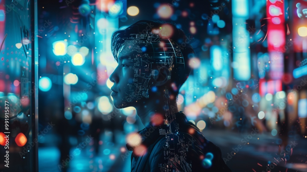 A man's head is shown with a lot of wires and circuits A man's head is shown with a lot of wires and circuits